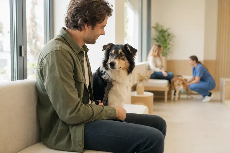 Ein Mountain Collie sitzt ruhig neben seinem Besitzer im hellen Wartezimmer einer modernen Tierarztpraxis.